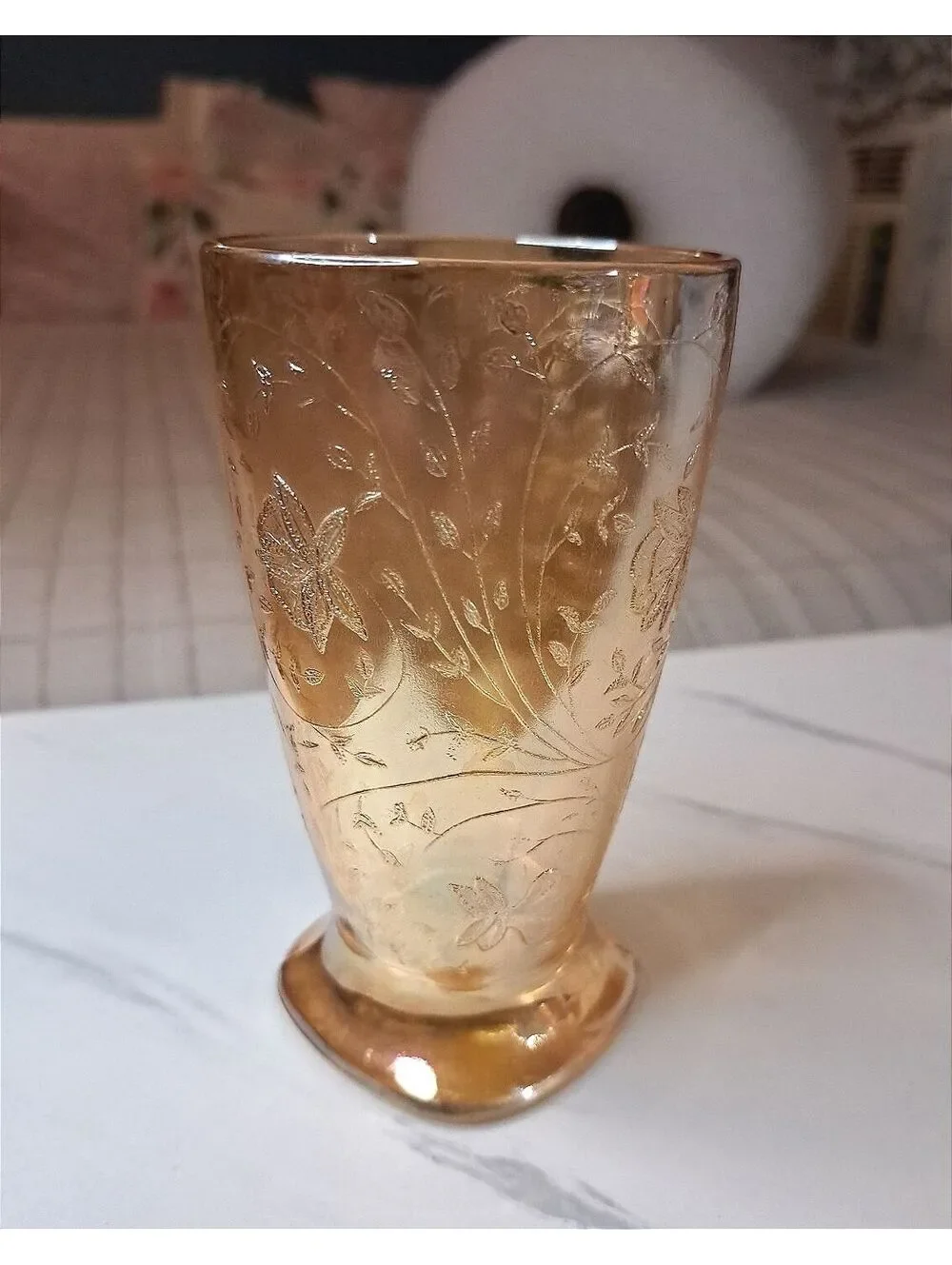 Vintage 1950's Floragold Louisa Iridescent Footed Tumbler Jeannette Glass Co. 5